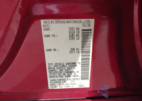 2016 Nissan Altima 3.5 Sl z USA, uszkodzony, nr VIN 1N4BL3APXGC162892